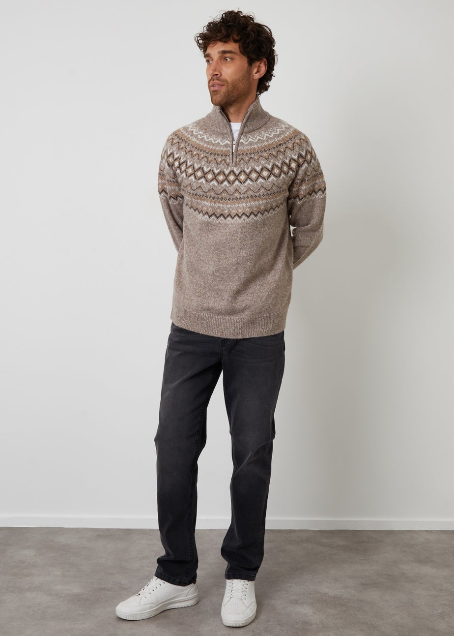 Threadbare Taupe Fairisle Quarter Zip Knitted Jumper With Wool