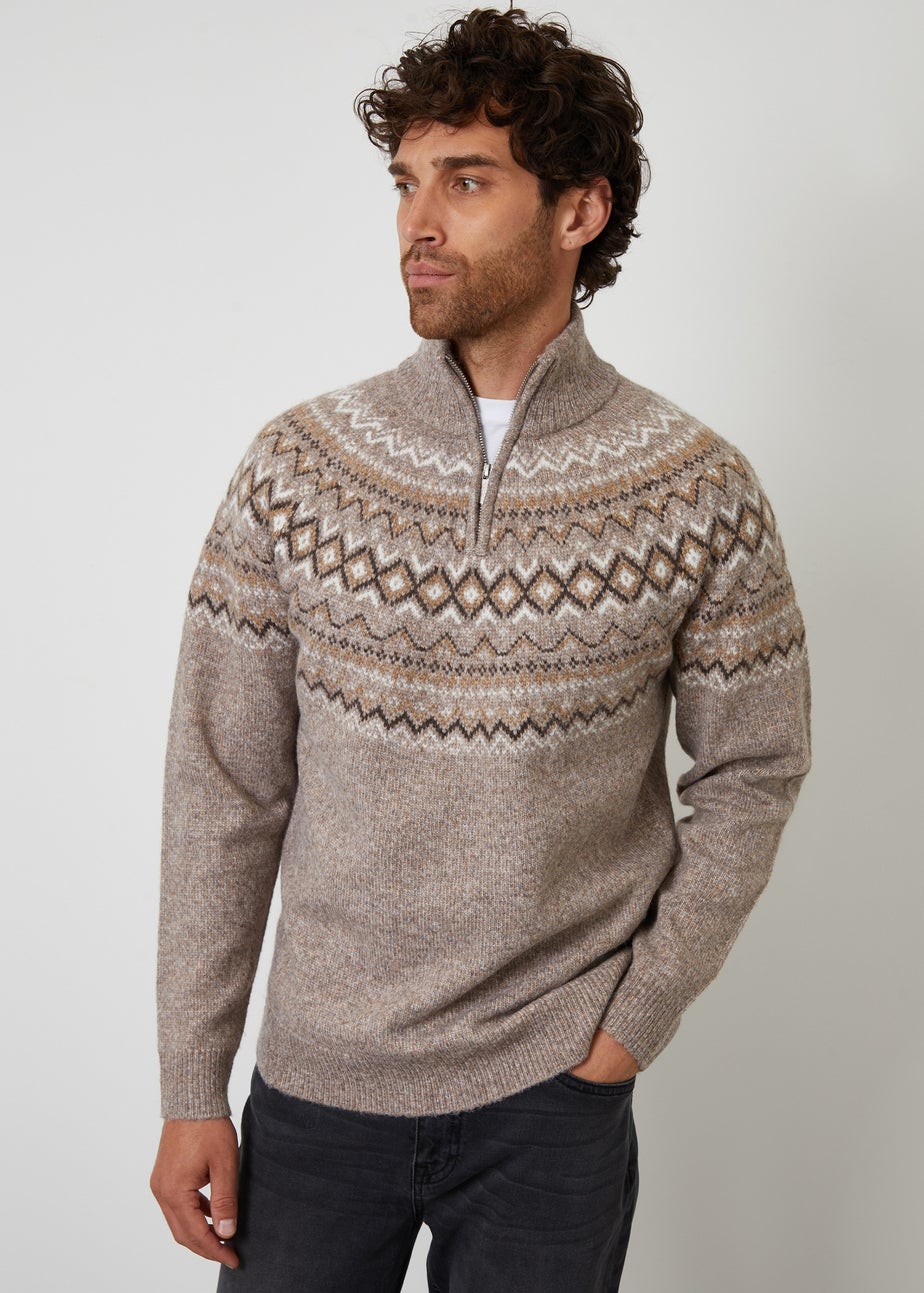 Threadbare Taupe Fairisle Quarter Zip Knitted Jumper With Wool