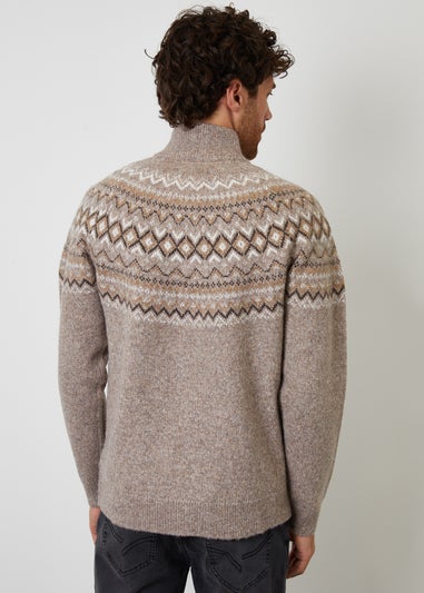 Threadbare Taupe Fairisle Quarter Zip Knitted Jumper With Wool