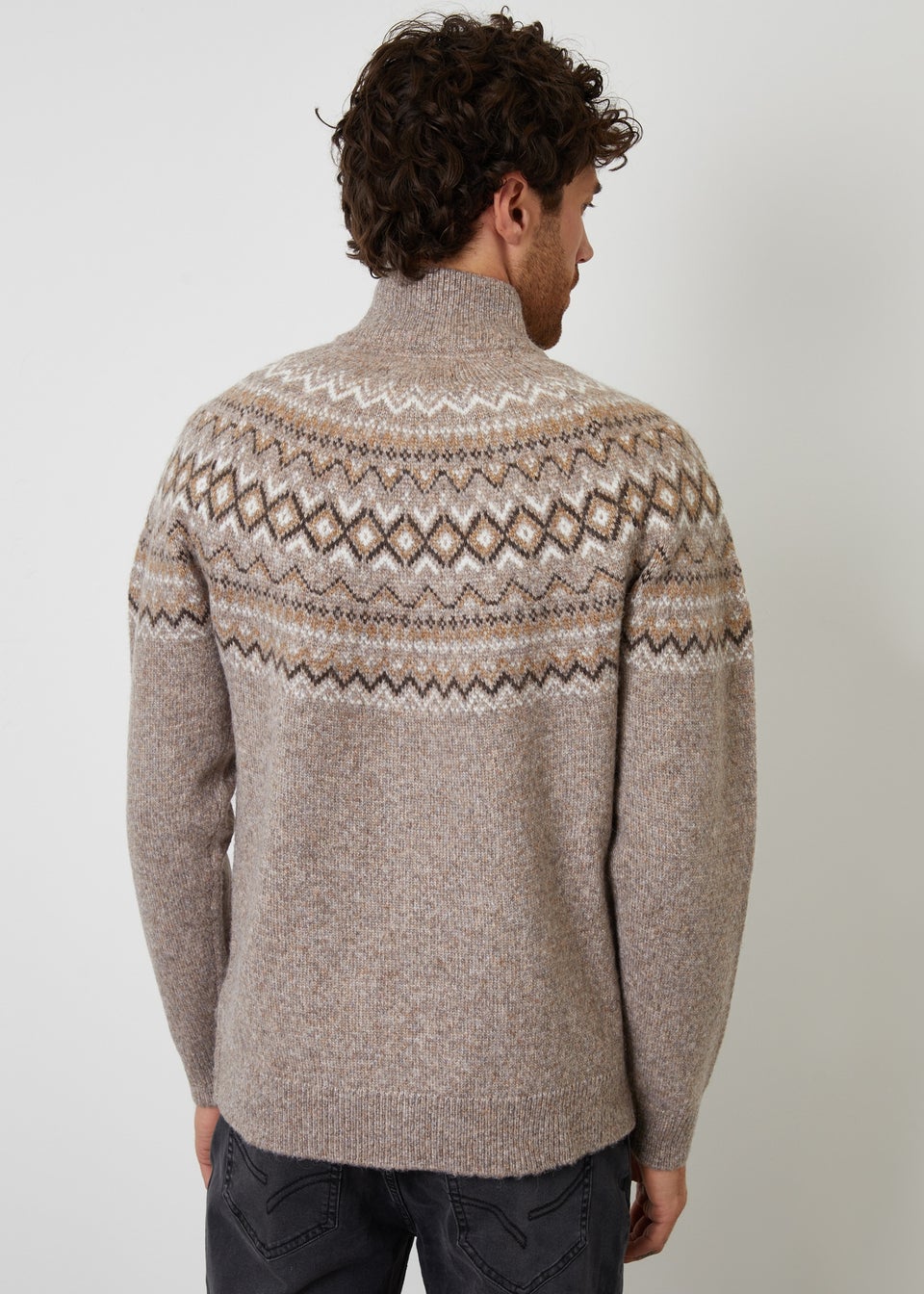 Threadbare Taupe Fairisle Quarter Zip Knitted Jumper With Wool