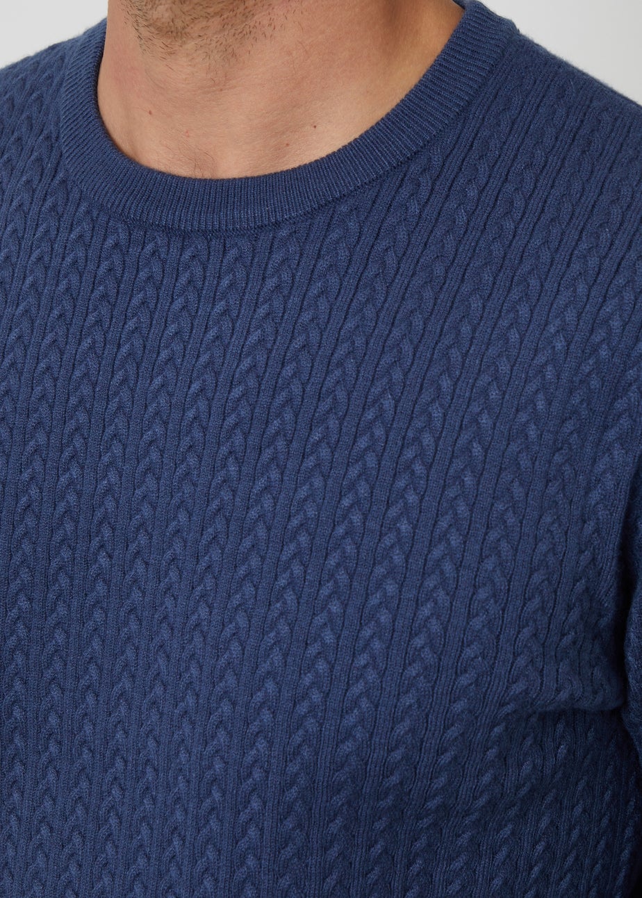 Threadbare Blue Cable Knit Rib Crew Neck Jumper