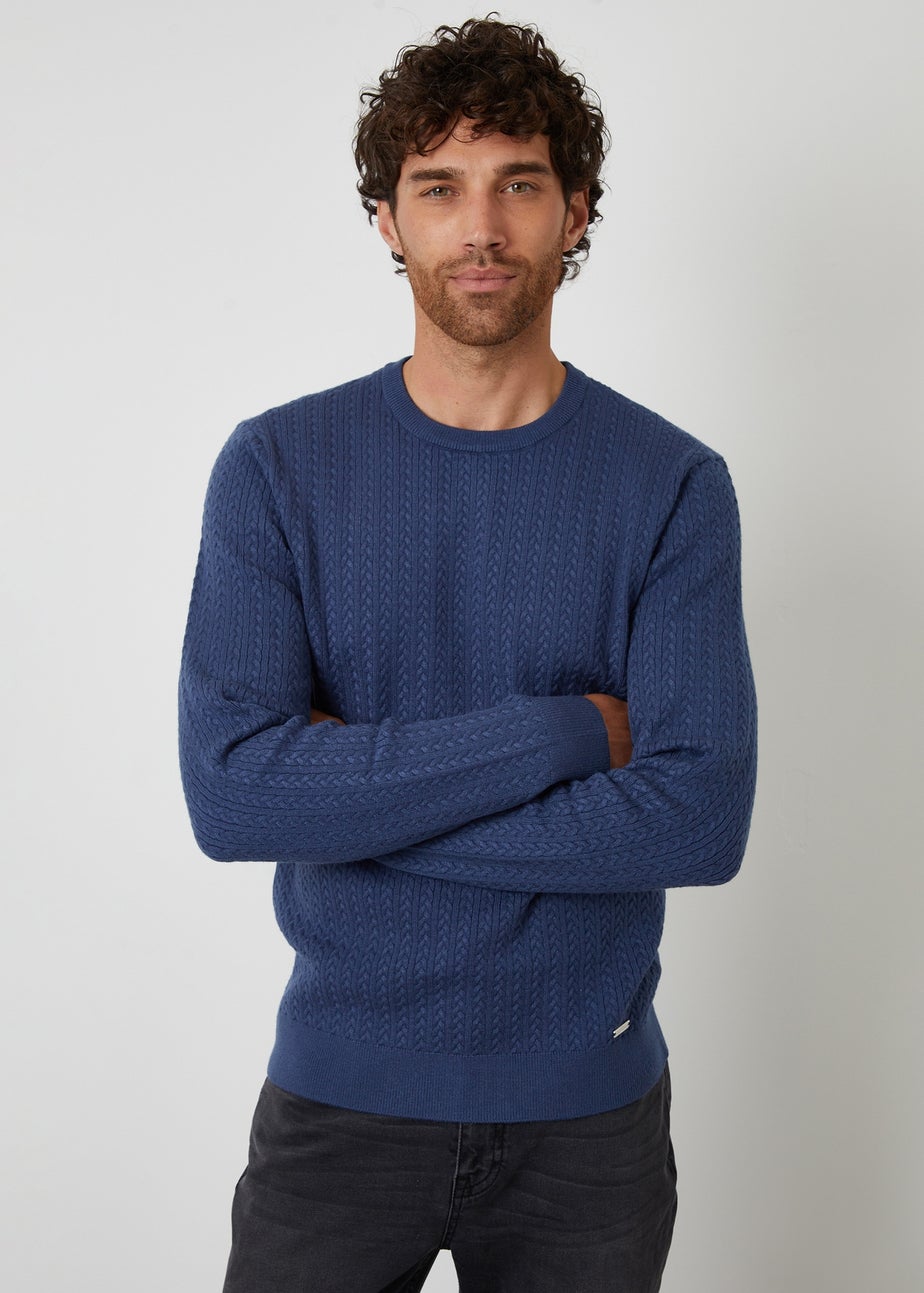 Threadbare Blue Cable Knit Rib Crew Neck Jumper