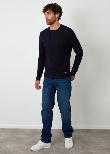 Threadbare Navy Cable Knit Rib Crew Neck Jumper