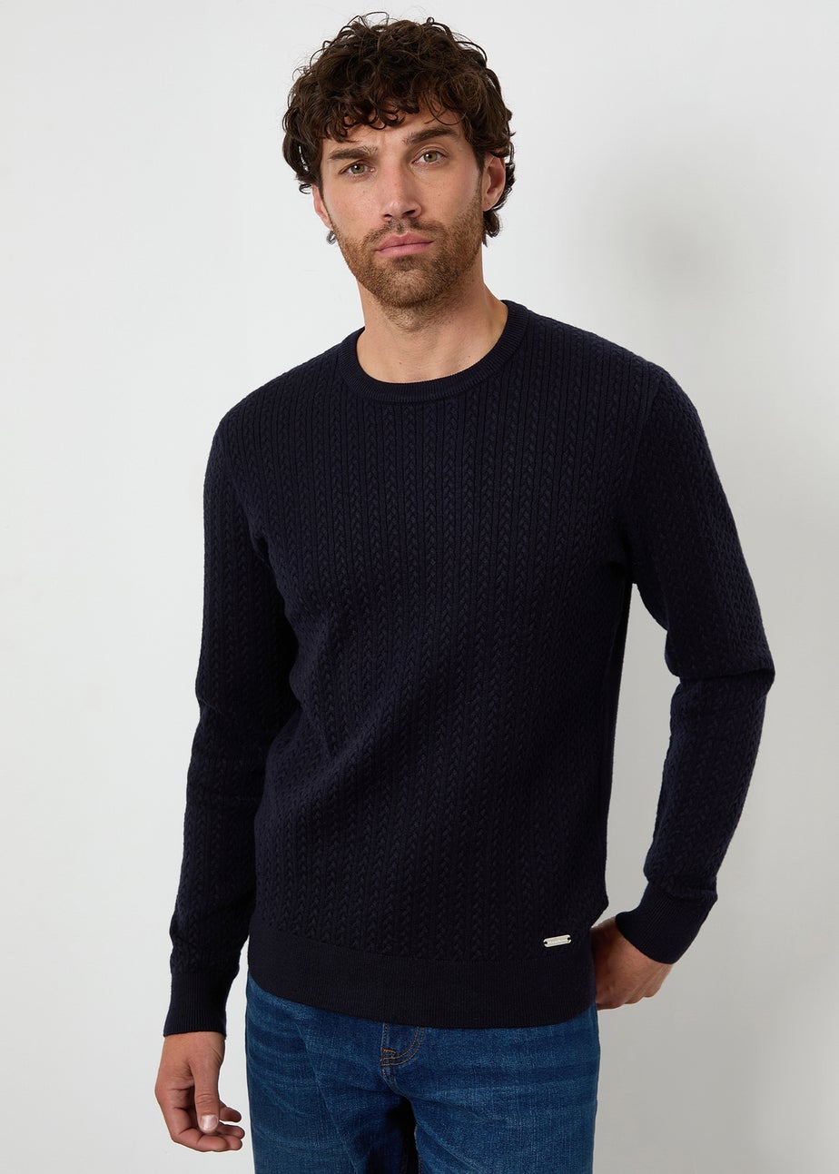Threadbare Navy Cable Knit Rib Crew Neck Jumper