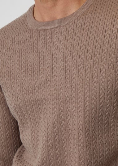 Threadbare Taupe Cable Knit Rib Crew Neck Jumper