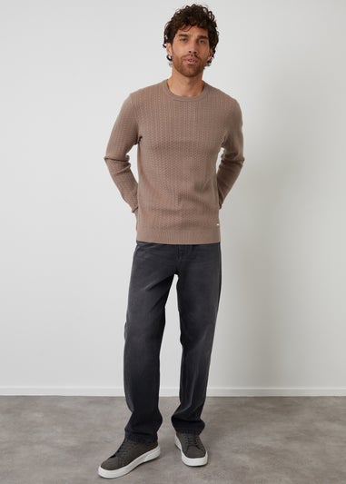 Threadbare Taupe Cable Knit Rib Crew Neck Jumper