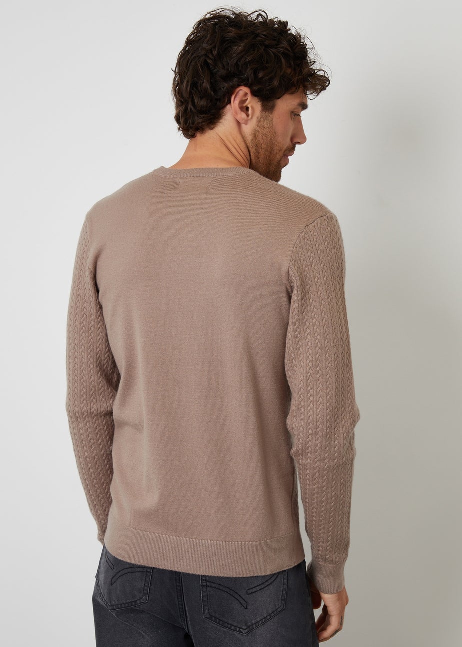 Threadbare Taupe Cable Knit Rib Crew Neck Jumper