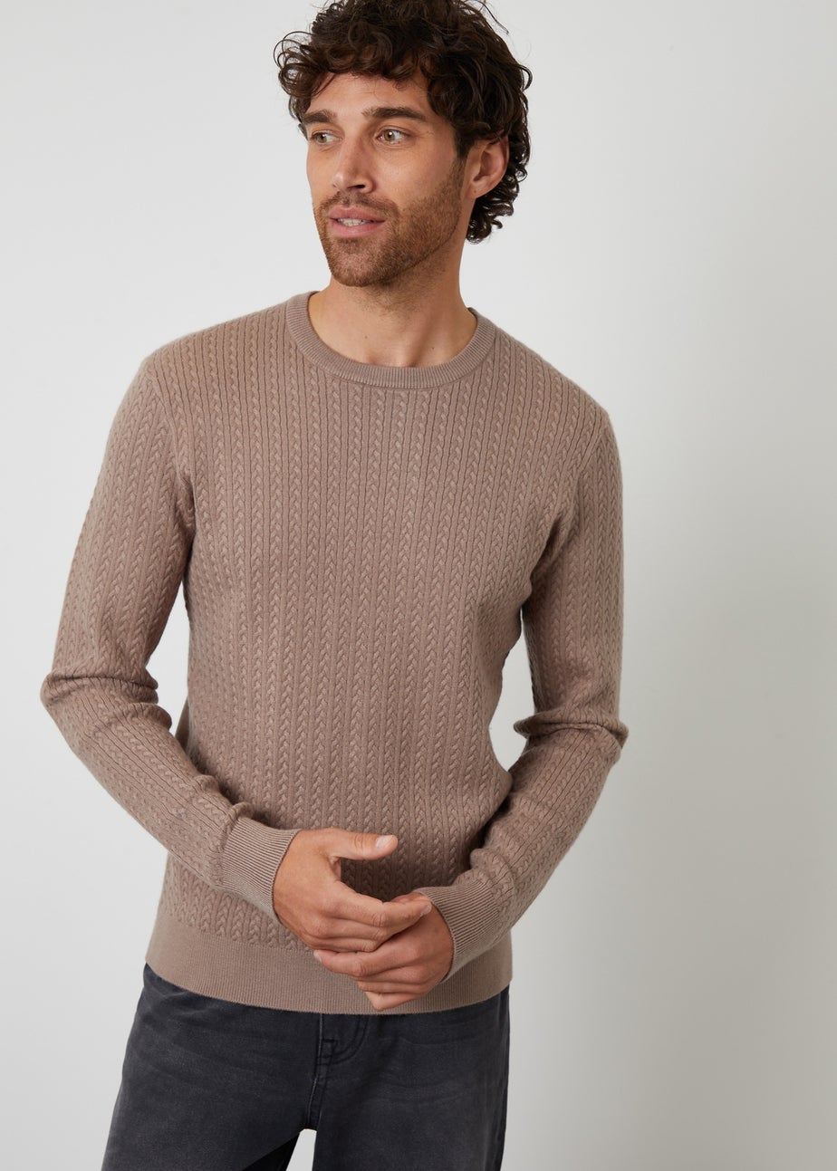 Threadbare Taupe Cable Knit Rib Crew Neck Jumper