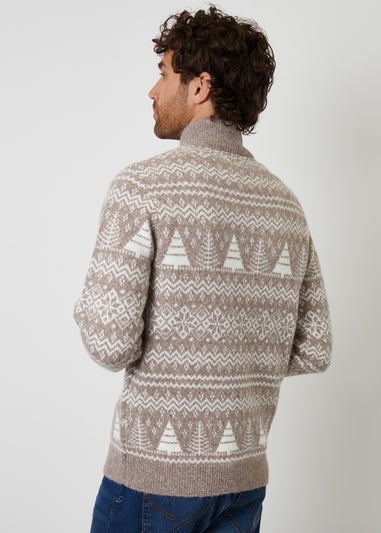Threadbare Taupe Fairisle Quarter Zip Jumper