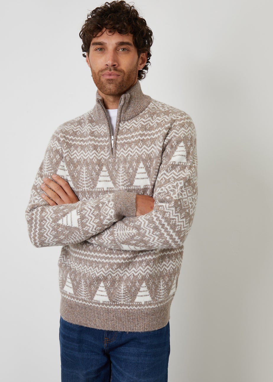 Threadbare Taupe Fairisle Quarter Zip Jumper