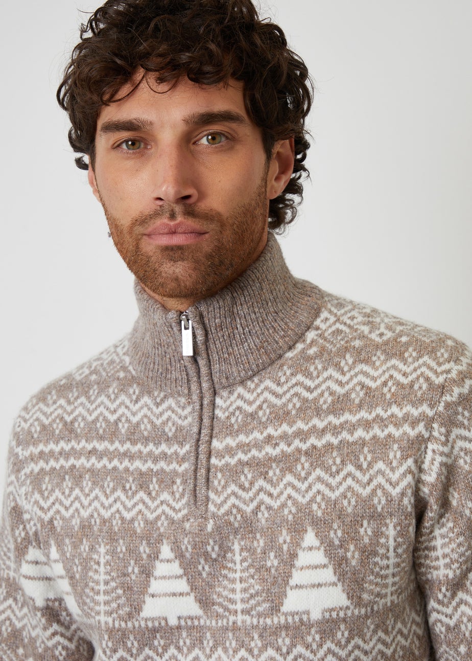 Threadbare Taupe Fairisle Quarter Zip Jumper
