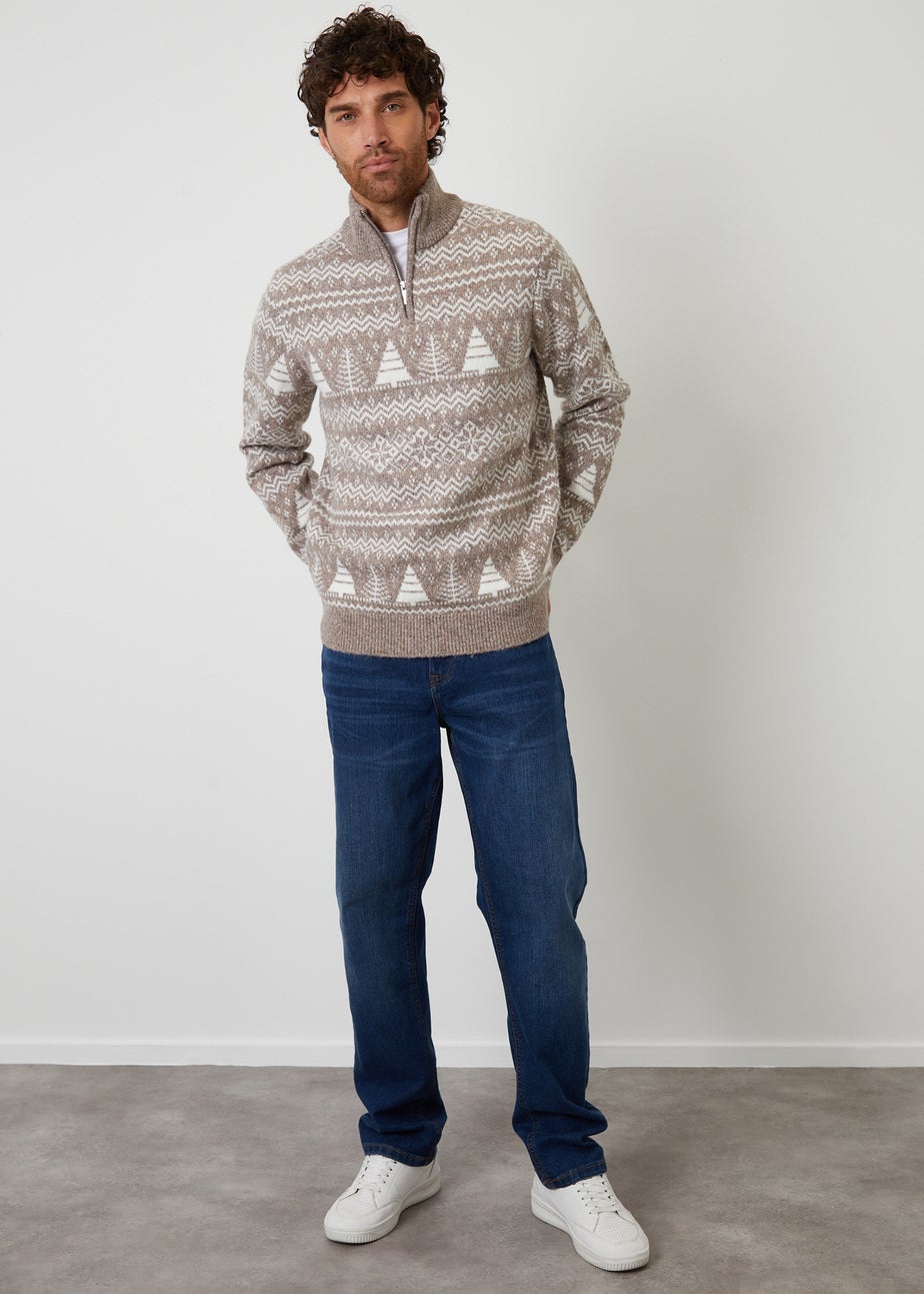 Threadbare Taupe Fairisle Quarter Zip Jumper