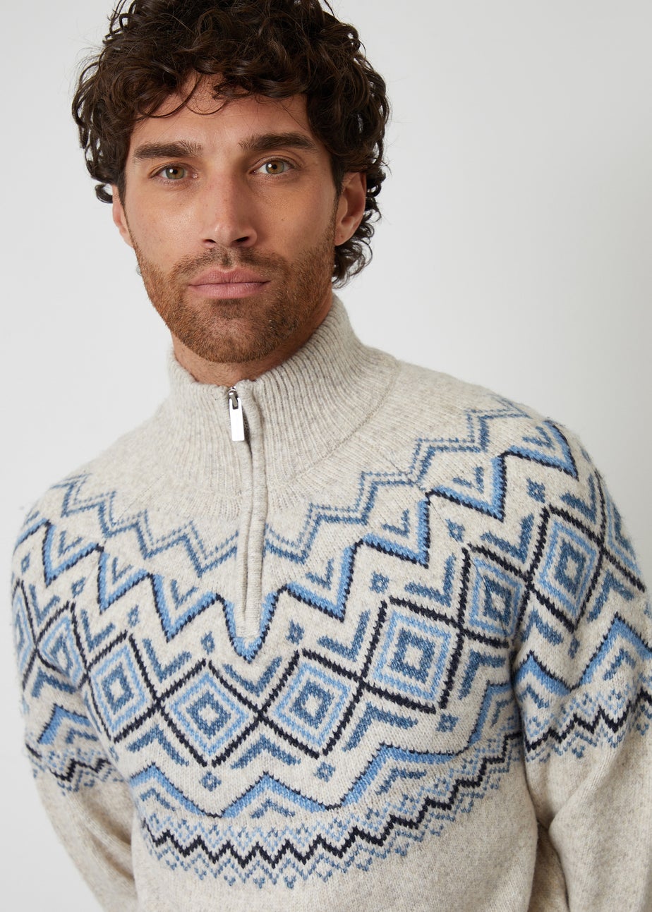 Threadbare Natural Fairisle Quarter Zip Knitted Jumper