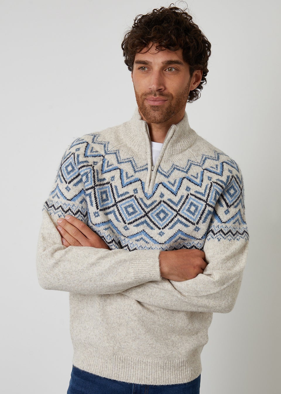 Threadbare Natural Fairisle Quarter Zip Knitted Jumper