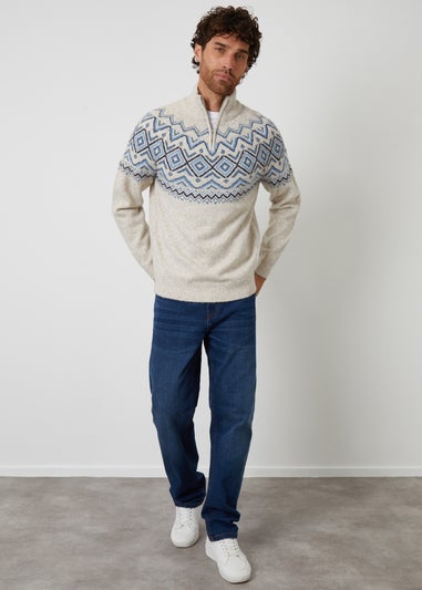 Threadbare Natural Fairisle Quarter Zip Knitted Jumper
