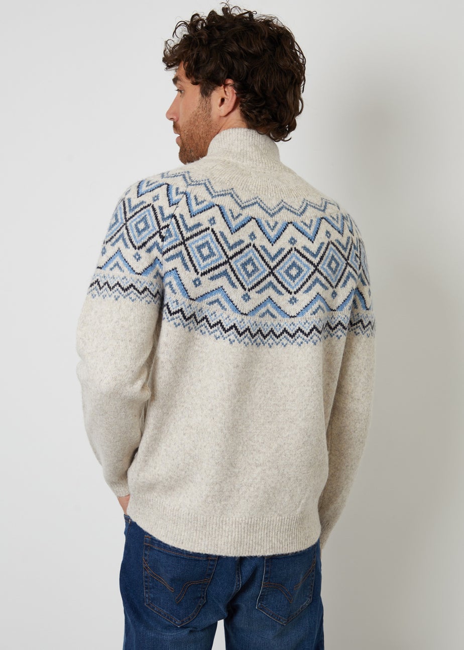 Threadbare Natural Fairisle Quarter Zip Knitted Jumper