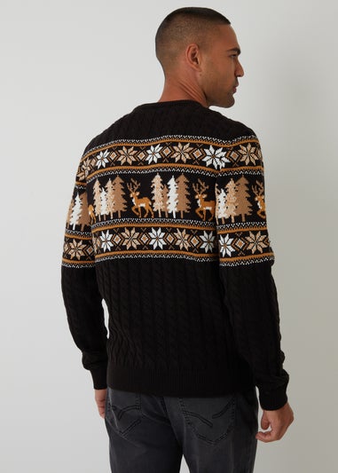 Threadbare Black Cable Knit Fairisle Crew Neck Christmas Jumper