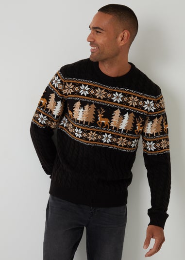 Threadbare Black Cable Knit Fairisle Crew Neck Christmas Jumper