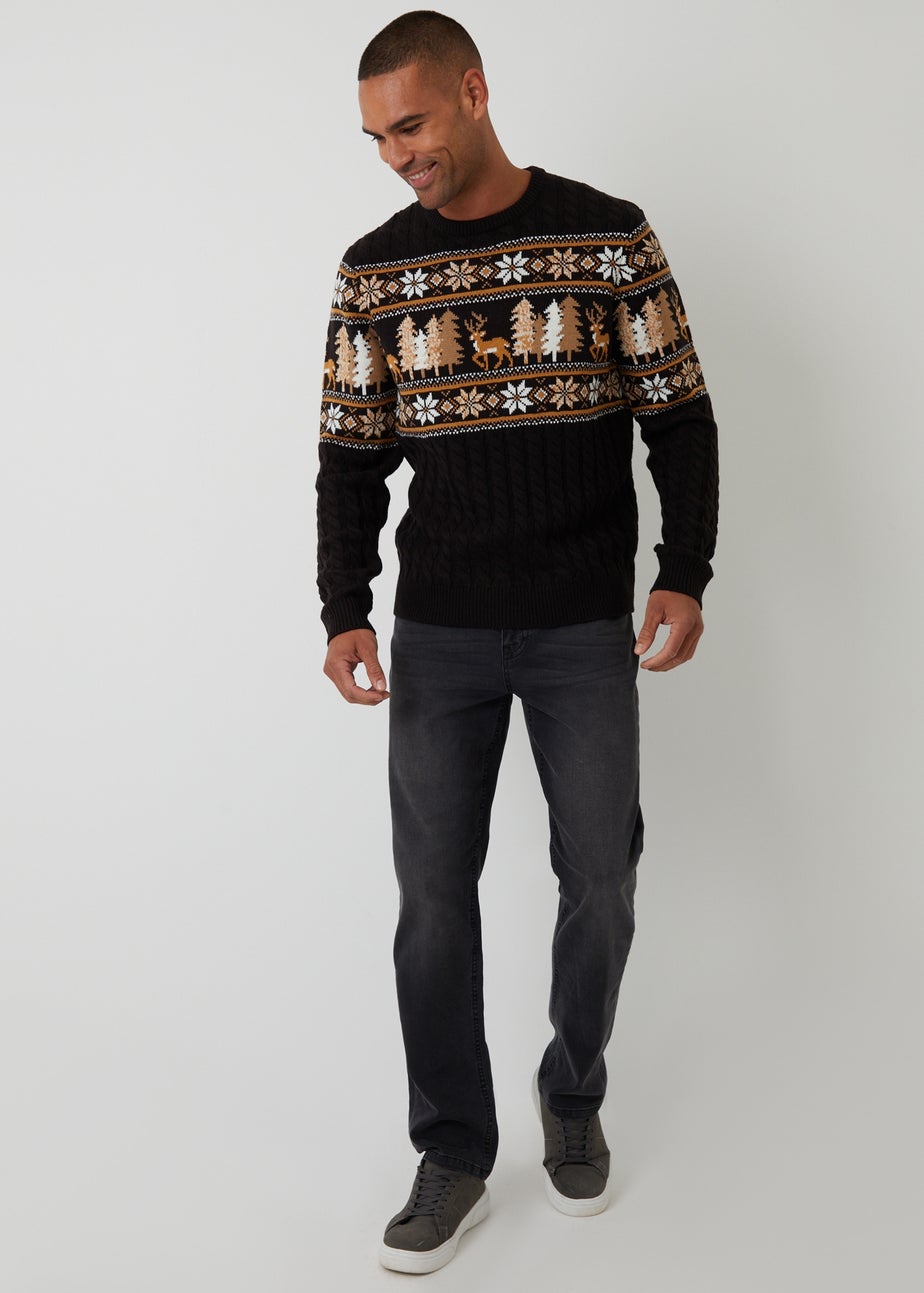 Threadbare Black Cable Knit Fairisle Crew Neck Christmas Jumper