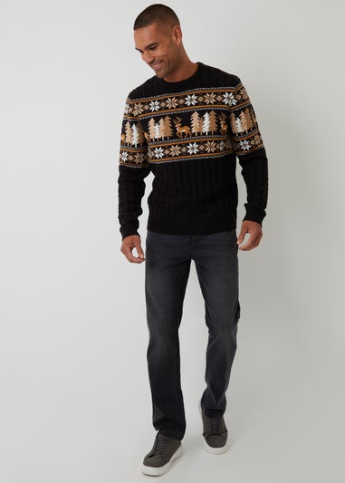 Threadbare Black Cable Knit Fairisle Crew Neck Christmas Jumper