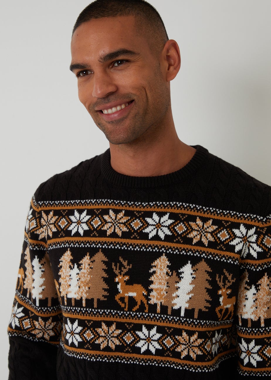 Threadbare Black Cable Knit Fairisle Crew Neck Christmas Jumper