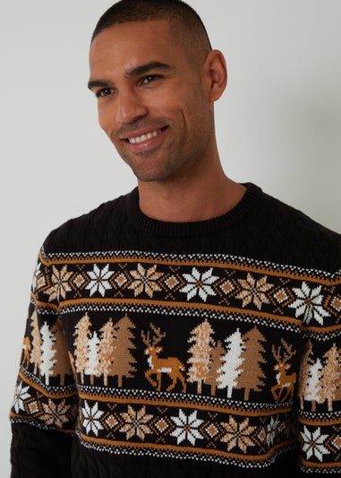 Threadbare Black Cable Knit Fairisle Crew Neck Christmas Jumper