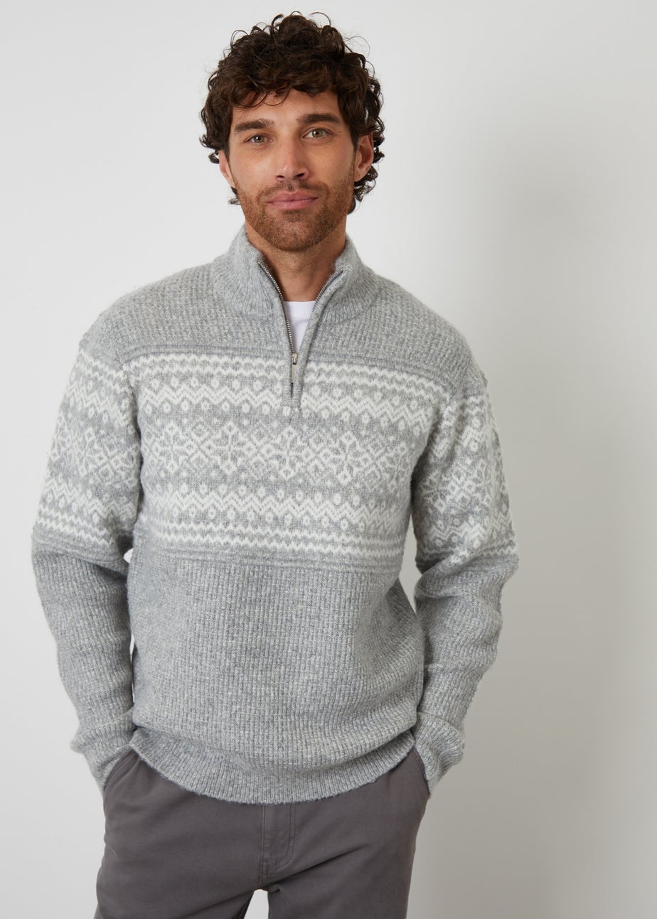 Threadbare Grey Textured Knitted Fairisle Quarter Zip Jumper