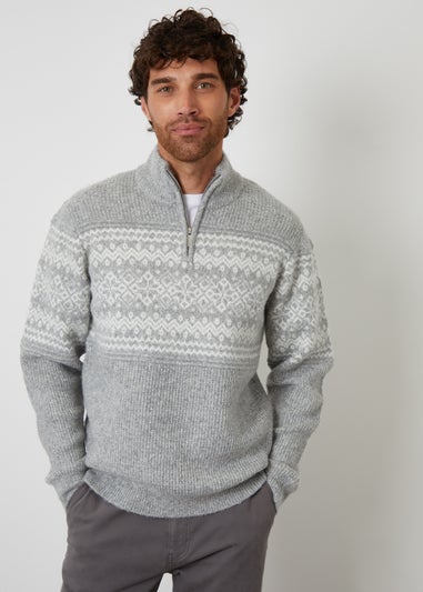 Threadbare Grey Textured Knitted Fairisle Quarter Zip Jumper
