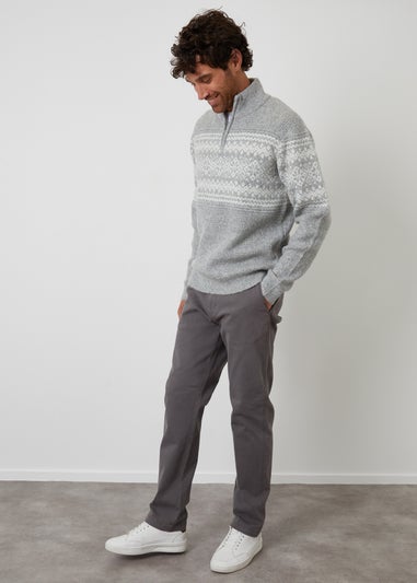 Threadbare Grey Textured Knitted Fairisle Quarter Zip Jumper