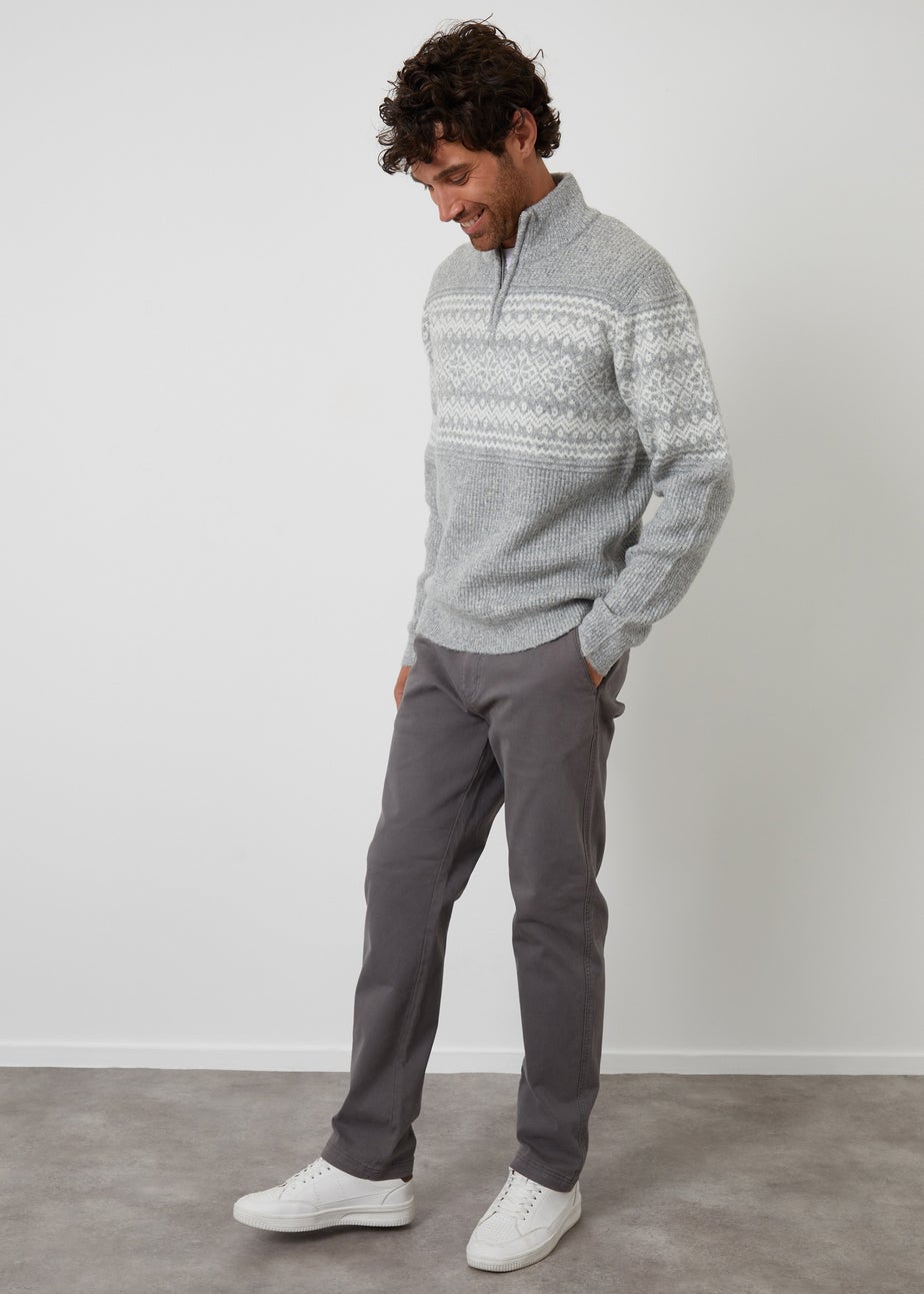 Threadbare Grey Textured Knitted Fairisle Quarter Zip Jumper