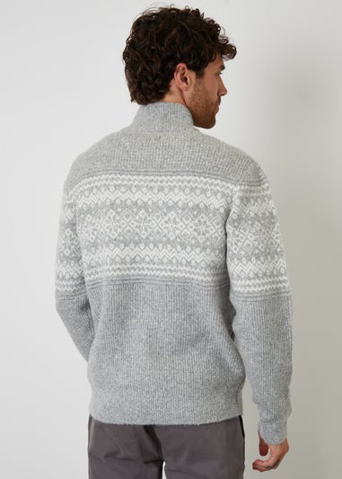 Threadbare Grey Textured Knitted Fairisle Quarter Zip Jumper