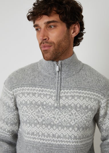 Threadbare Grey Textured Knitted Fairisle Quarter Zip Jumper