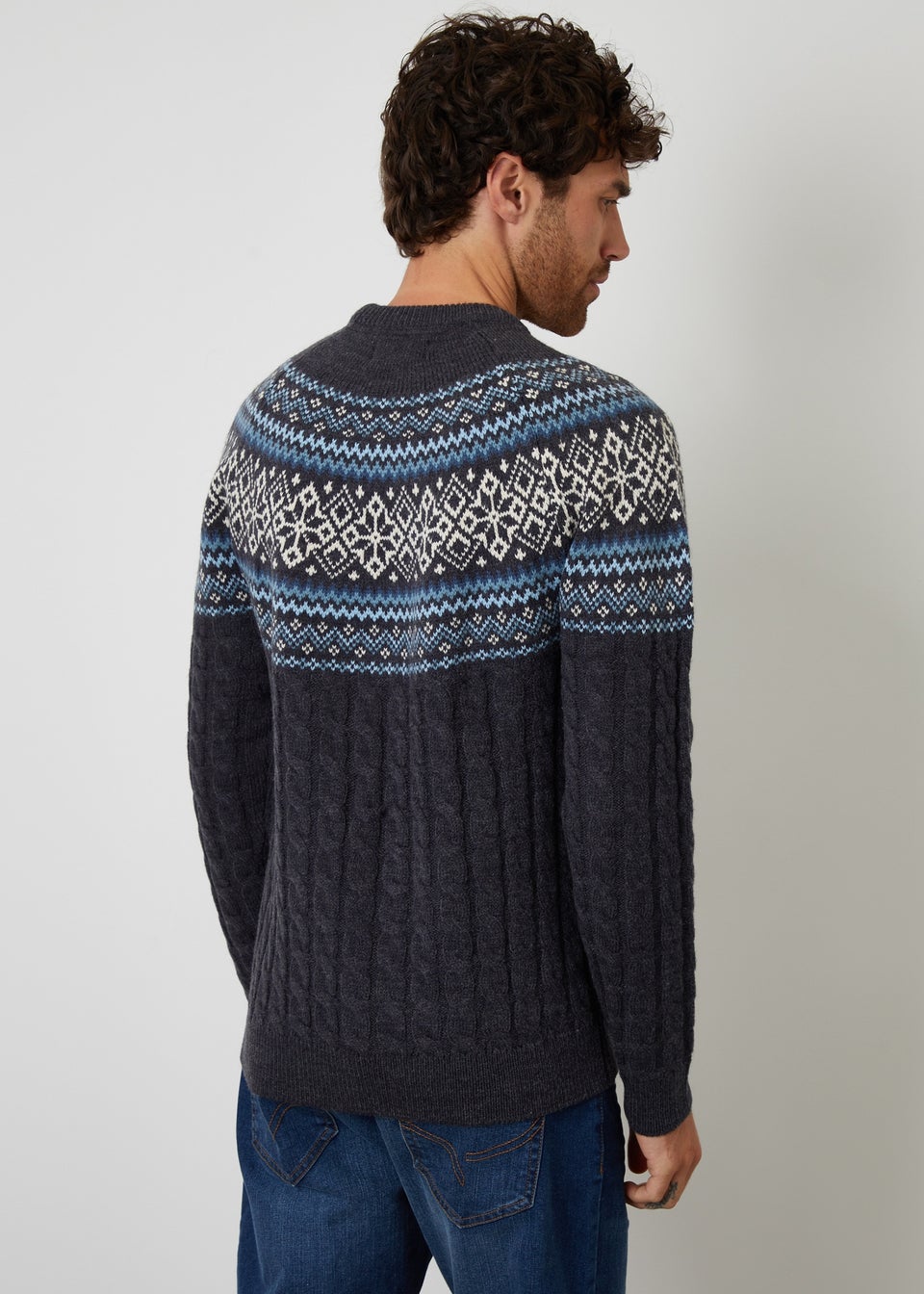 Threadbare Navy Cable Knit Fairisle Crew Neck Christmas Jumper