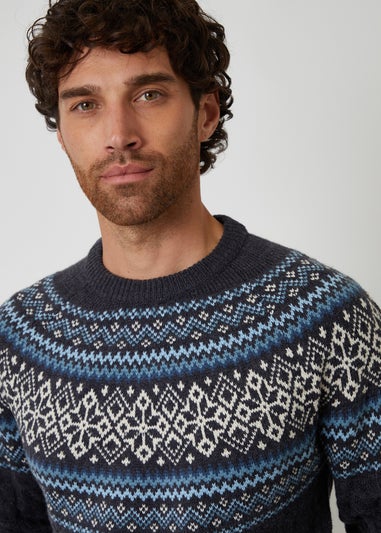 Threadbare Navy Cable Knit Fairisle Crew Neck Christmas Jumper
