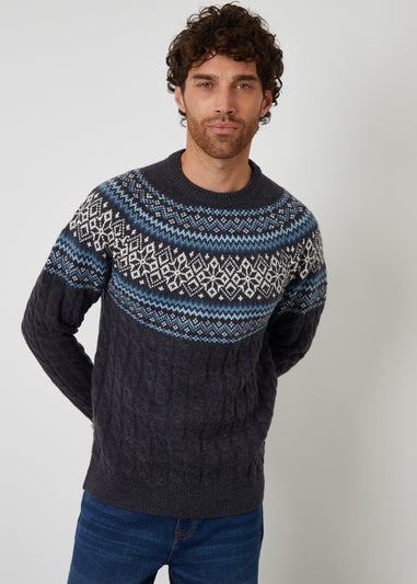 Threadbare Navy Cable Knit Fairisle Crew Neck Christmas Jumper