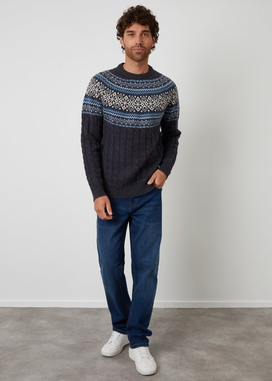 Threadbare Navy Cable Knit Fairisle Crew Neck Christmas Jumper