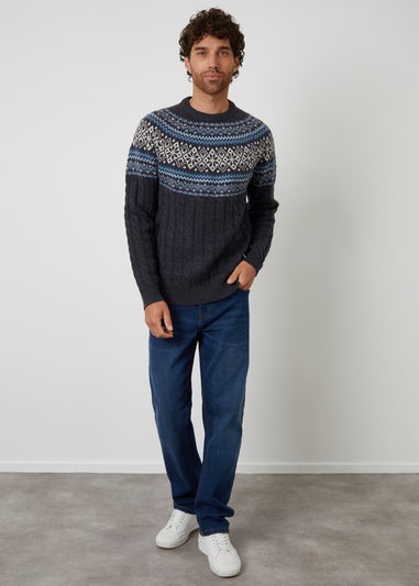 Threadbare Navy Cable Knit Fairisle Crew Neck Christmas Jumper