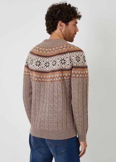 Threadbare Taupe Cable Knit Fairisle Crew Neck Christmas Jumper