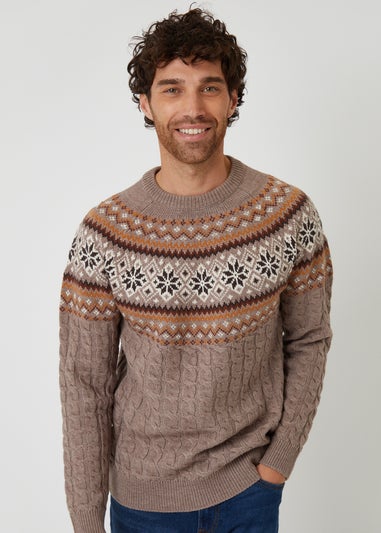 Threadbare Taupe Cable Knit Fairisle Crew Neck Christmas Jumper