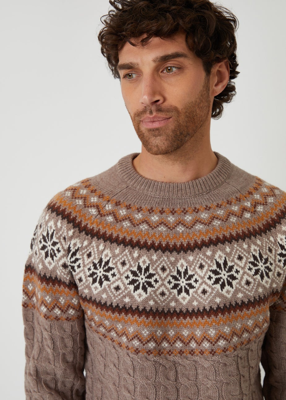 Threadbare Taupe Cable Knit Fairisle Crew Neck Christmas Jumper