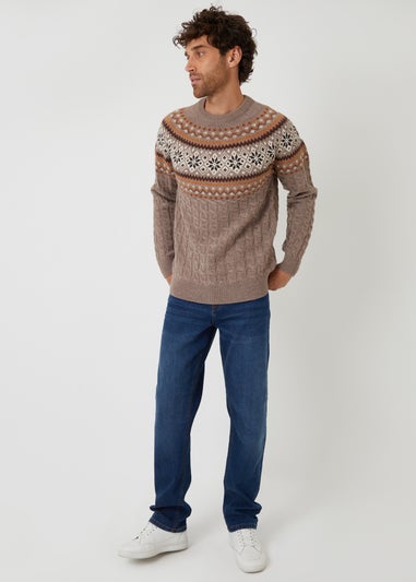 Threadbare Taupe Cable Knit Fairisle Crew Neck Christmas Jumper