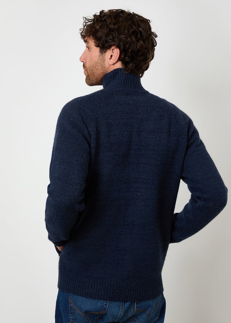 Threadbare Blue Funnel Neck Button Up Knitted Cardigan With Wool