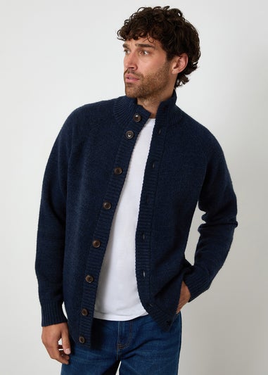 Threadbare Blue Funnel Neck Button Up Knitted Cardigan With Wool
