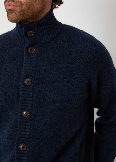 Threadbare Blue Funnel Neck Button Up Knitted Cardigan With Wool