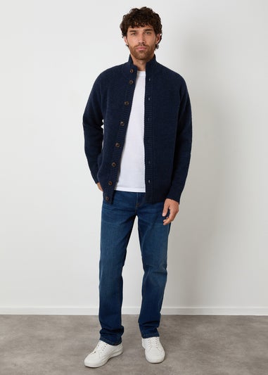 Threadbare Blue Funnel Neck Button Up Knitted Cardigan With Wool