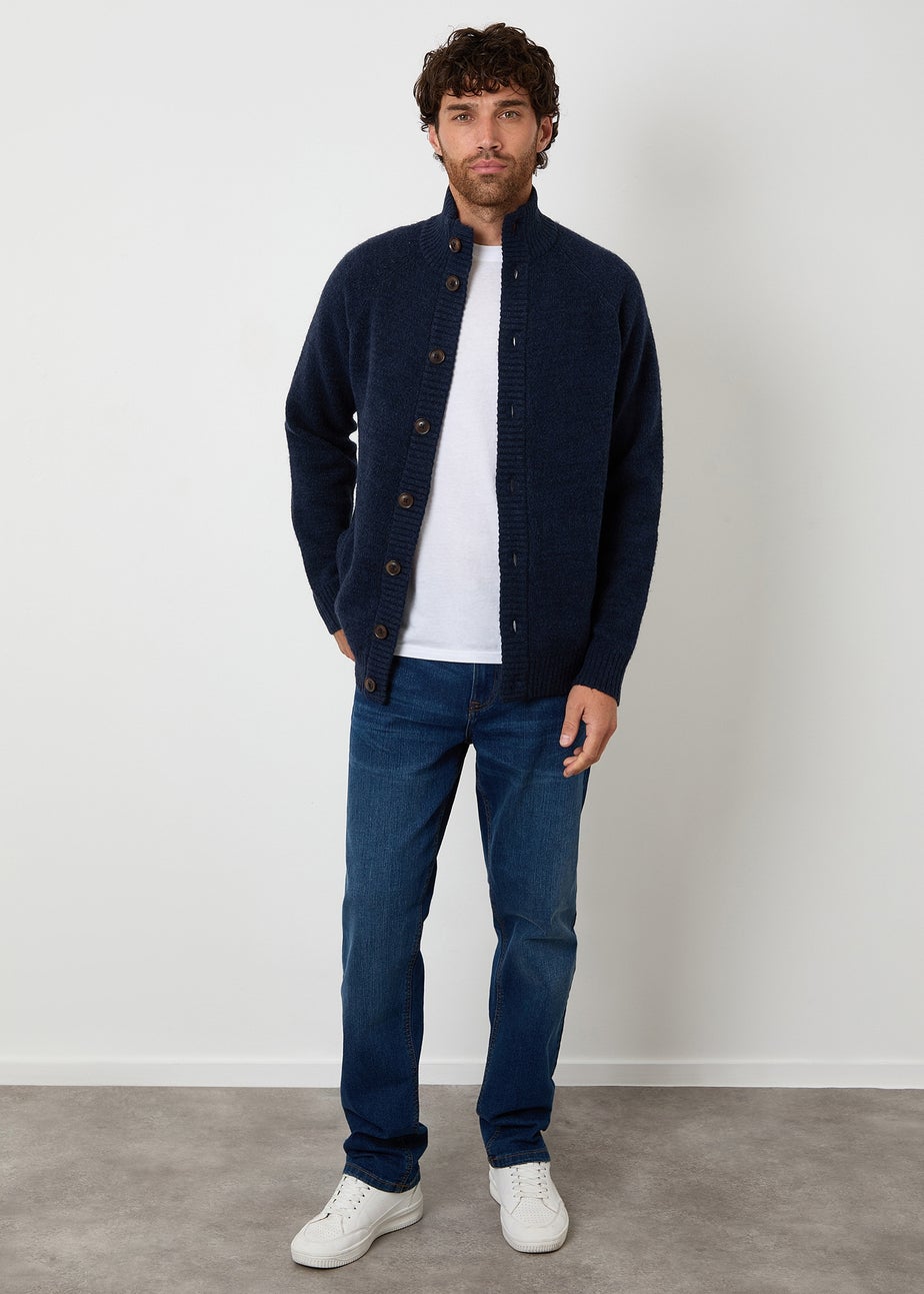Threadbare Blue Funnel Neck Button Up Knitted Cardigan With Wool