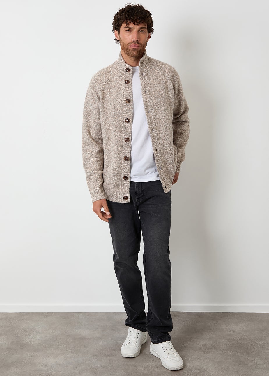 Threadbare Stone Funnel Neck Button Up Knitted Cardigan With Wool