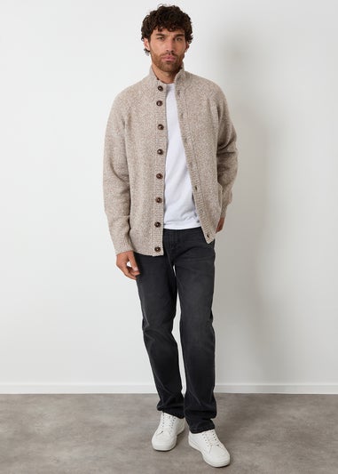 Threadbare Stone Funnel Neck Button Up Knitted Cardigan With Wool