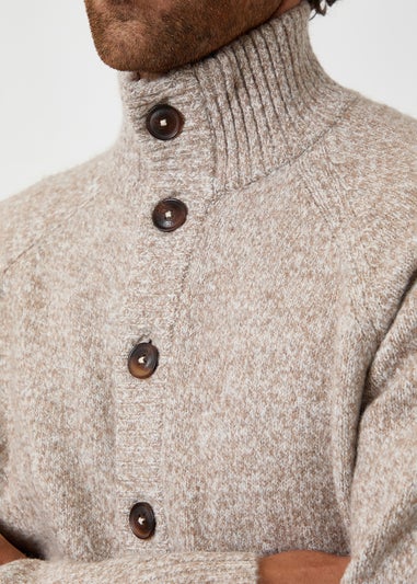 Threadbare Stone Funnel Neck Button Up Knitted Cardigan With Wool