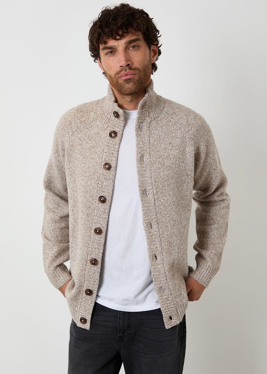 Threadbare Stone Funnel Neck Button Up Knitted Cardigan With Wool